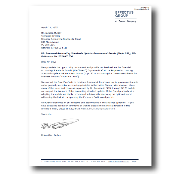 Comment Letter - ASU Topic 832: Gov Grants - Riveron